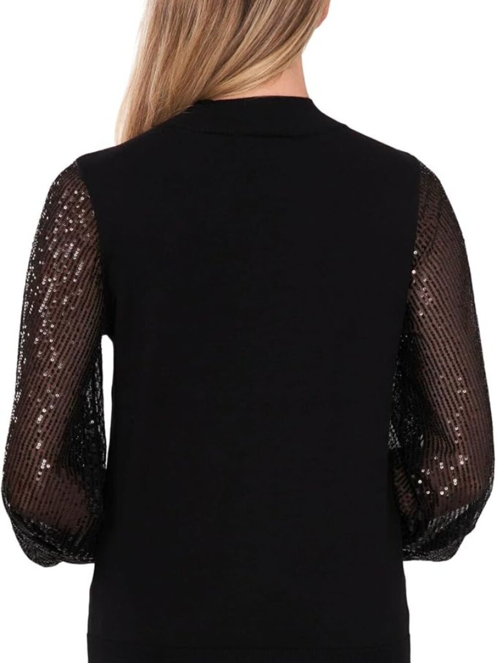 CeCe Sheer-Sequin-Sleeve Mock-Neck Cotton Sweater Rich Black - Size XS (NWOT) - Picture 3 of 10
